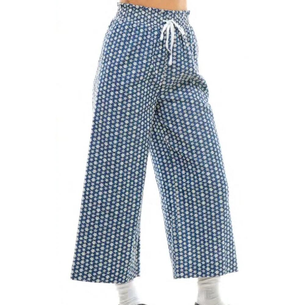 Saint Gerealdine Floral Eyelet Embroidered Cropped Pants Blue White SZ M